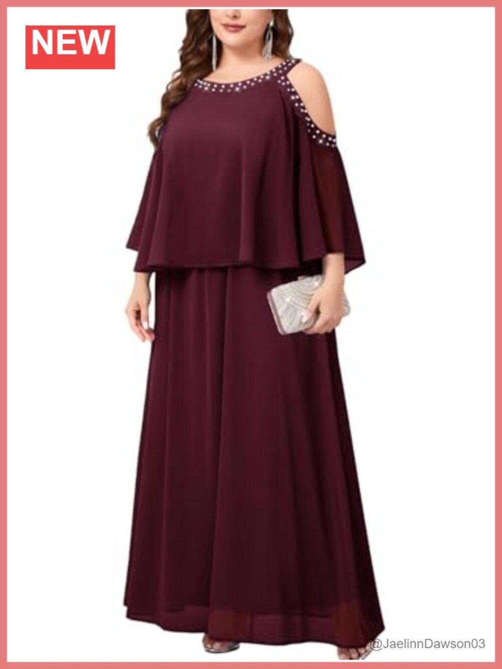Plus Size Chiffon Maxi Dress Cold Shoulder Beaded Neckline Evening Gown